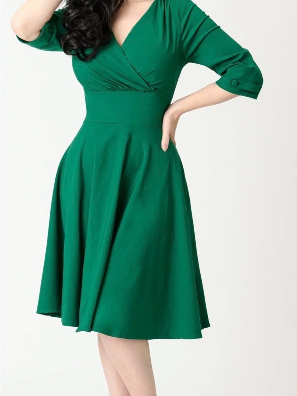Unique Vintage Green Surplice neck swing dress - Picture 2 of 9
